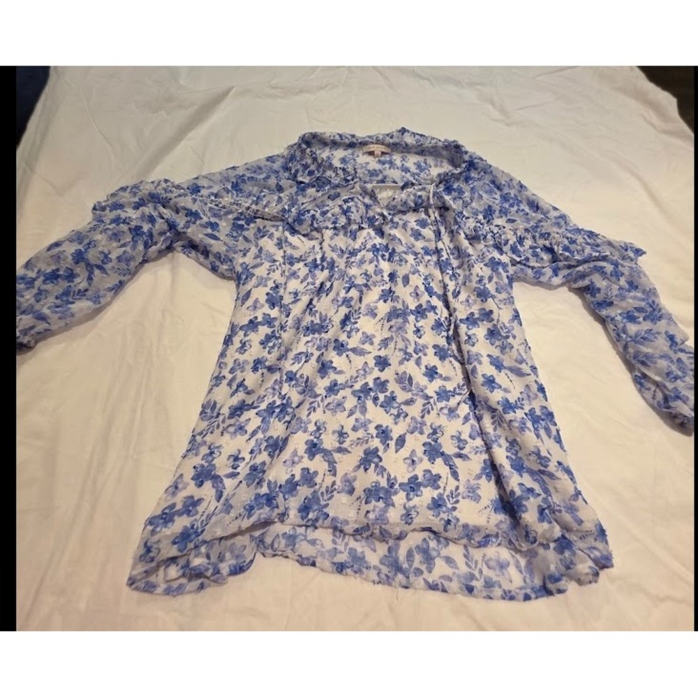 Skies Are Blue Floral Ruffle Blouse Blue White Long Sleeve Small
